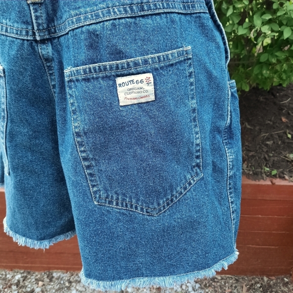 Route 66 Vintage 90's Denim Shortalls Bib Overalls Frayed Shorts Jeans Jorts - Picture 12 of 15